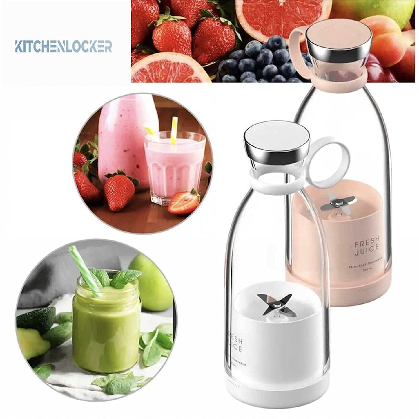 Rechargeable Portable USB Juicer Bottle Electric Mixer Blender Smoothie Maker Grinder -4 Stainless Steel Blades 30 watts 380ml For Fruits, Drinks, Shakes Sports, Travel, Outdoor, Gym, Kitchen